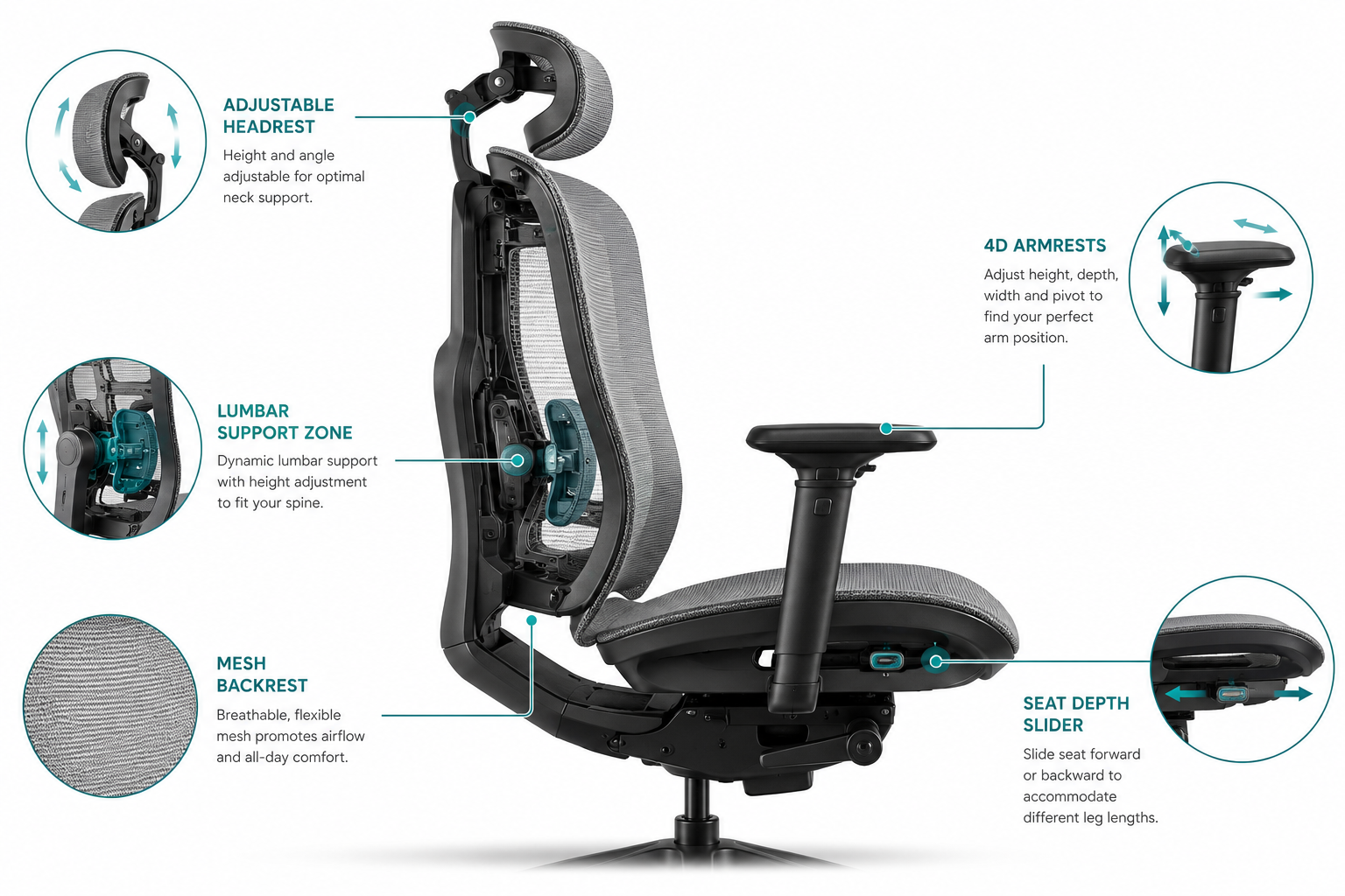 Detailed landscape format (1536x1024) showing a close-up side-profile technical illustration of the Flexispot C7 Morpher ergonomic chair with annotated callout lines pointing to lumbar support zone, adjustable headrest, 4D armrests, seat depth slider, and mesh backrest. Clean white background with teal and grey color accents, technical diagram style, product cutaway view showing internal lumbar mechanism, professional product photography quality with subtle drop shadow.