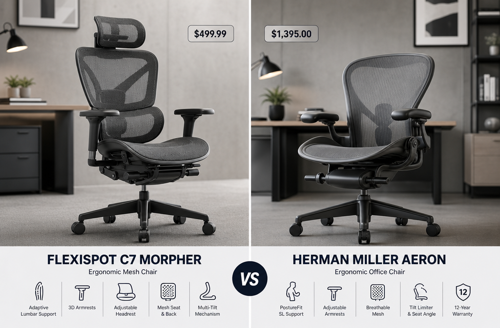 Detailed landscape format (1536x1024) showing a split-screen comparison image: left side features the Flexispot C7 Morpher mesh ergonomic chair in a modern office setting, right side shows a Herman Miller Aeron chair in a similar office environment. Both chairs are shown from a 45-degree angle, with price tags subtly visible, neutral grey office background, soft studio lighting, professional product comparison aesthetic, clean typography labels beneath each chair.