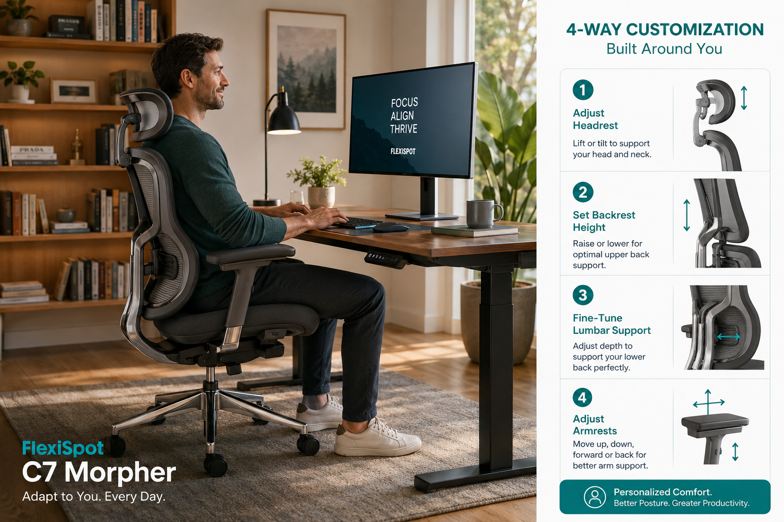 Detailed landscape format (1536x1024) showing a person of tall stature (over 6 feet) seated comfortably in the Flexispot C7 Morpher ergonomic chair at a standing desk, demonstrating correct lumbar support posture, feet flat on floor, screen at eye level. Warm modern home office background with plants and bookshelf. Overlay infographic panel on right side showing adjustment steps numbered 1 through 4 with small icons, teal and white color scheme, editorial lifestyle photography quality.