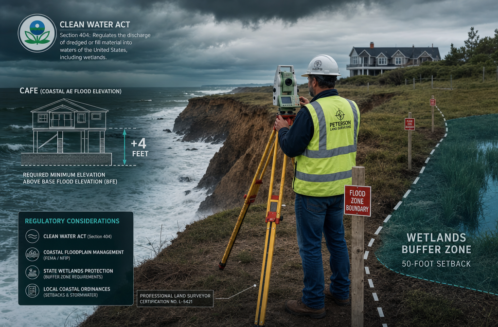 Wide-angle editorial photograph of a professional chartered surveyor in high-visibility vest using a GPS total station
