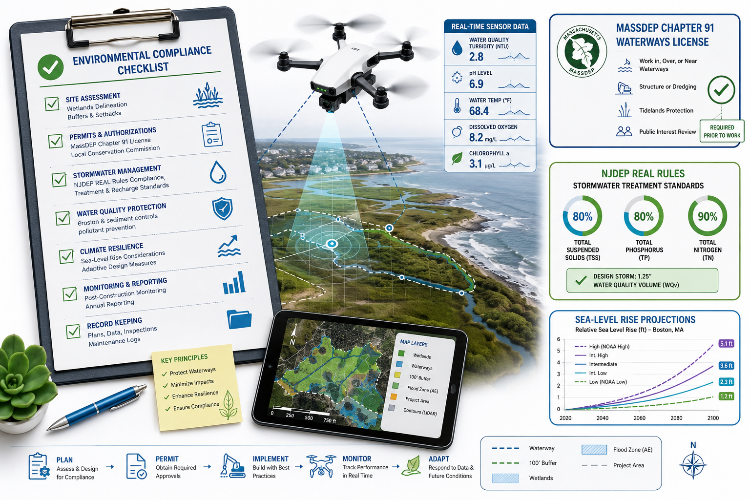 Flat-lay infographic style illustration showing a compliance checklist on a clipboard beside a drone hovering above a