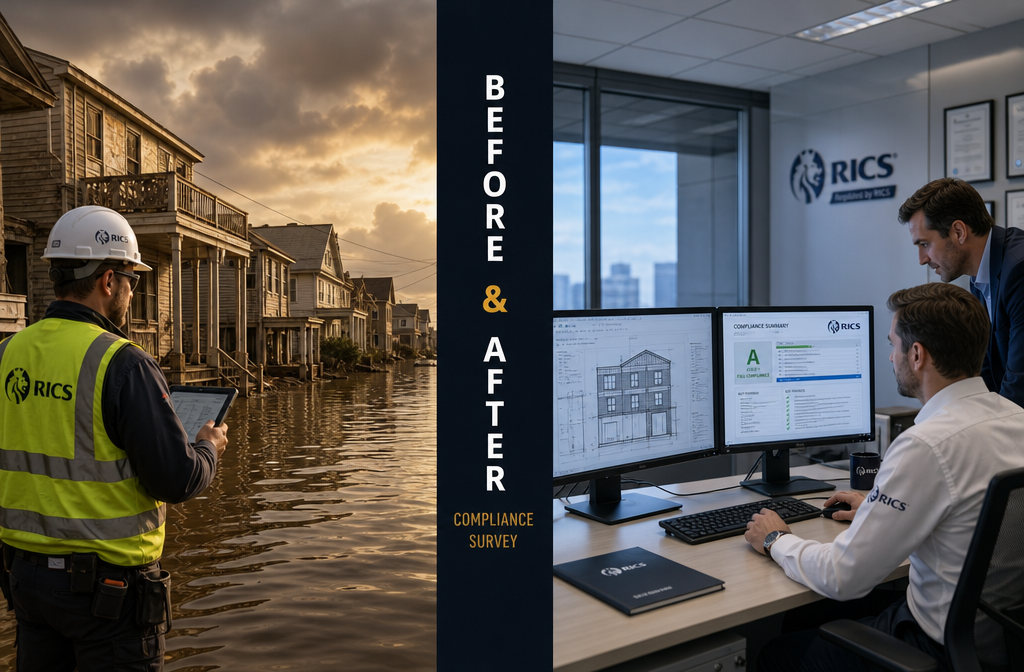 Split-scene editorial image: left half shows a flooded coastal residential street with a surveyor collecting structural
