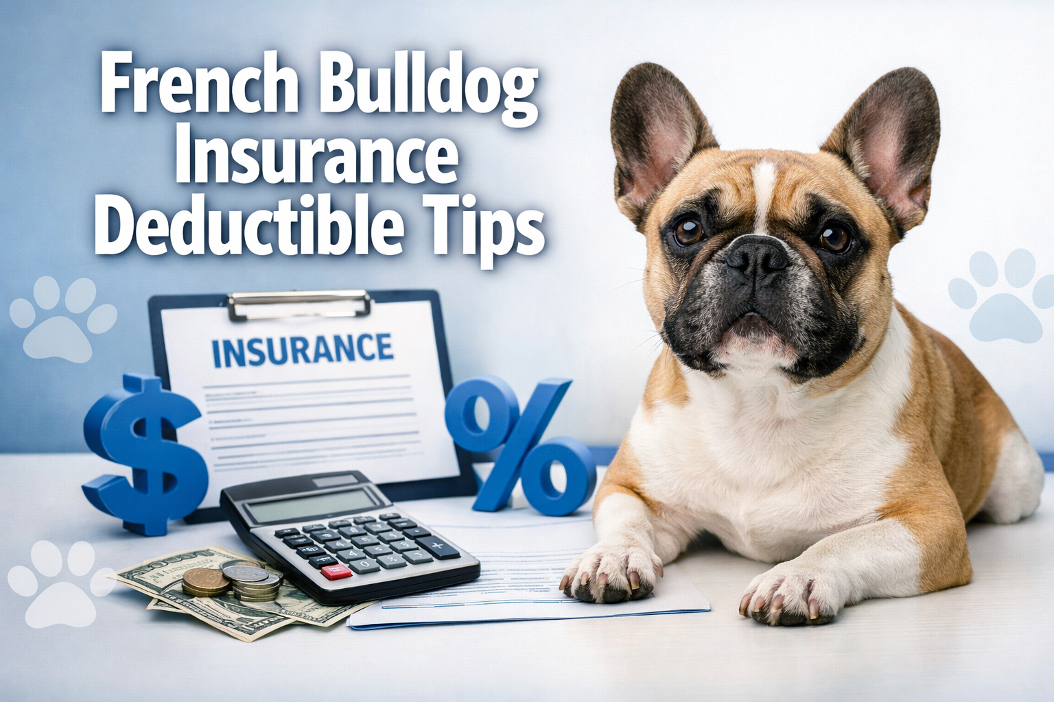 Professional landscape format (1536x1024) hero image featuring bold text overlay 'French Bulldog Insurance Deductible Tips' in extra large 7
