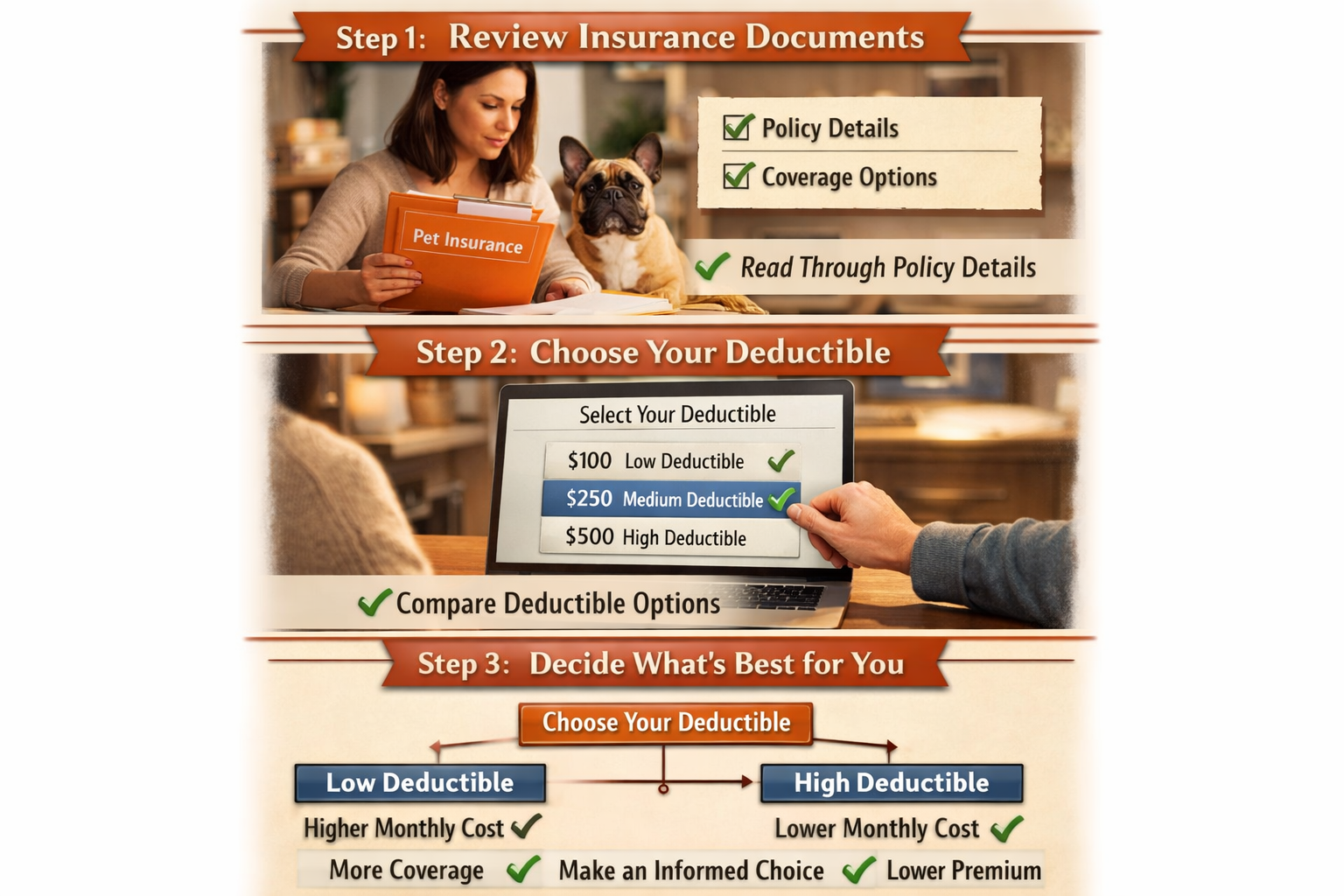 Portrait format (1024x1536) step-by-step visual guide showing French Bulldog owner reviewing insurance documents, selecting deductible optio