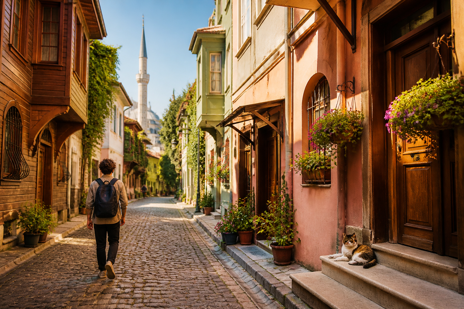 () editorial photograph showing a charming cobblestone street in Istanbul's Sultanahmet neighborhood at morning light, with