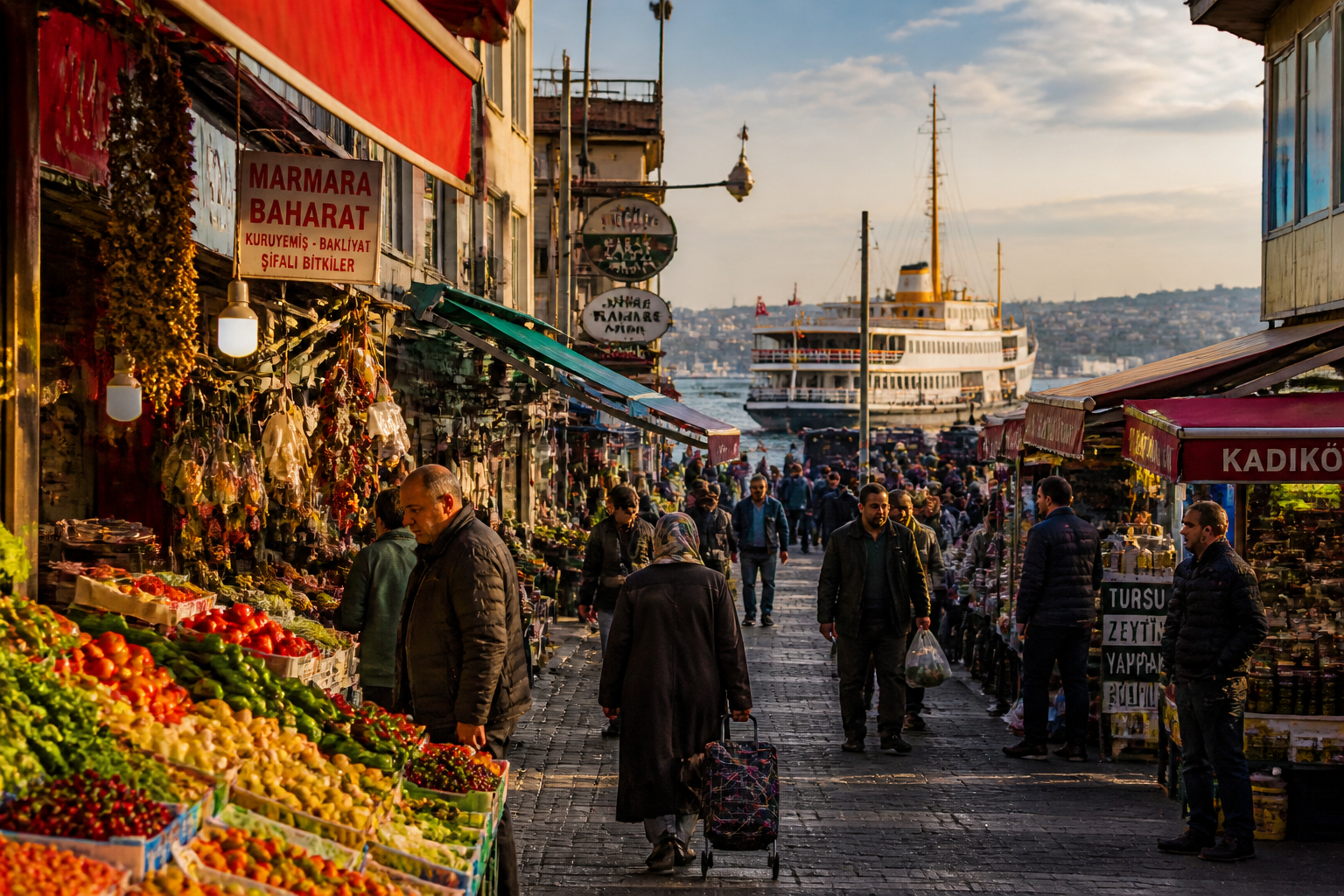 () vibrant editorial photograph of Istanbul's Kadikoy neighborhood on the Asian side, showing a bustling local market street
