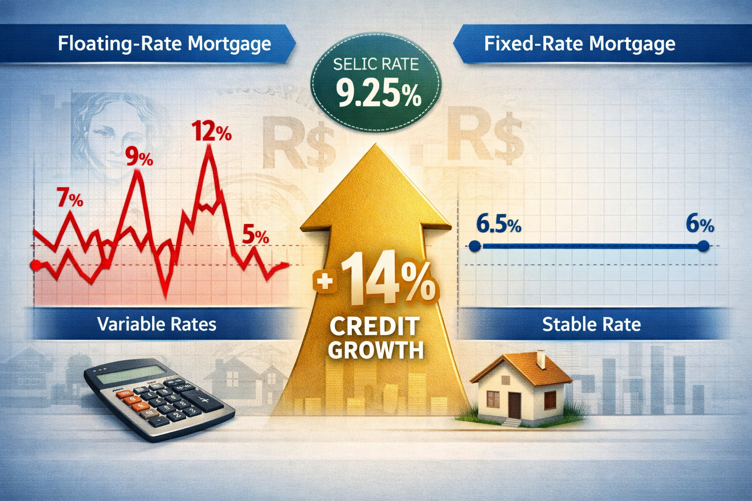 () detailed infographic showing split comparison: left side displays floating-rate mortgage with volatile interest rate line