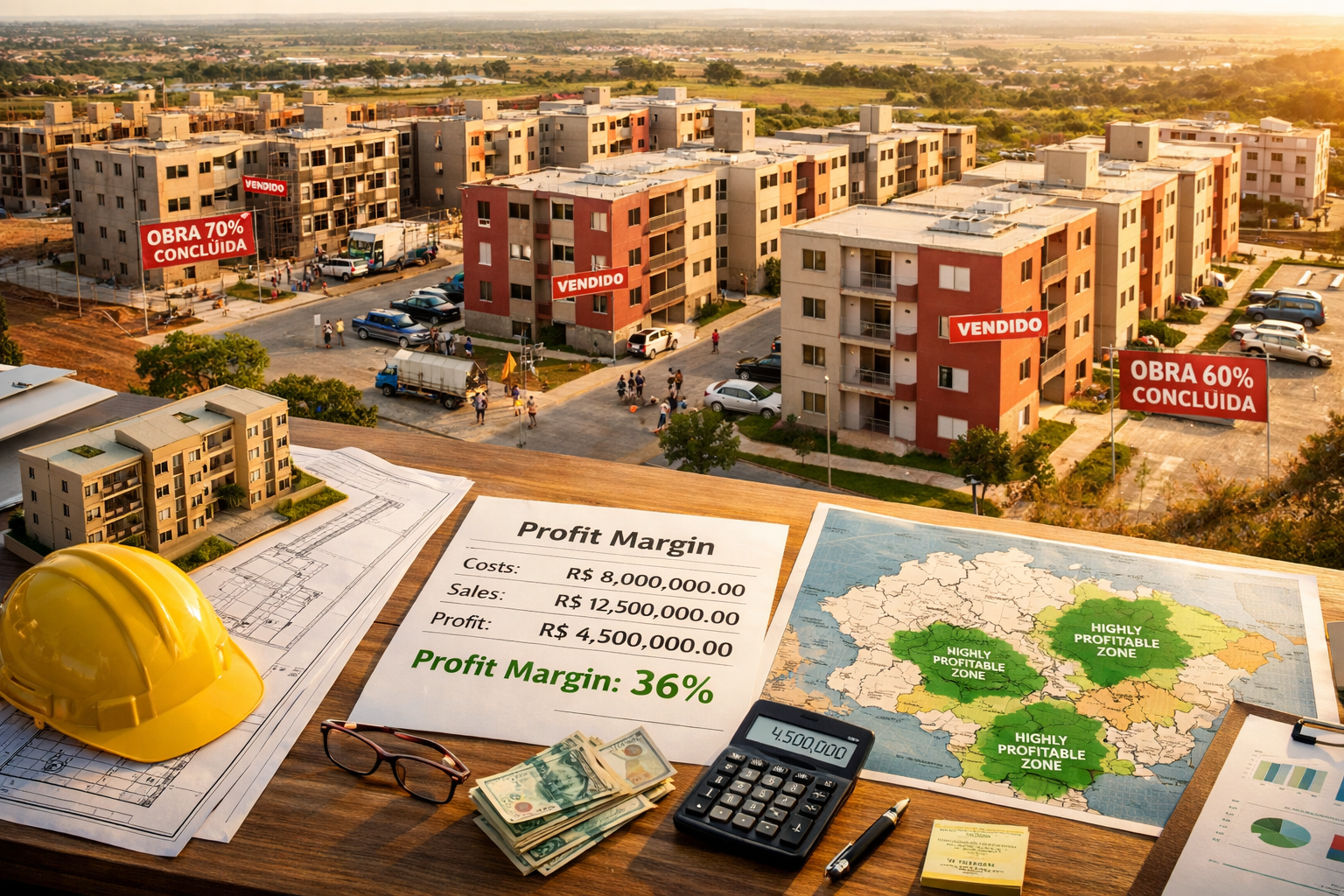 () aerial perspective photograph of diverse mid-income housing development in Brazilian regional city showing rows of newly