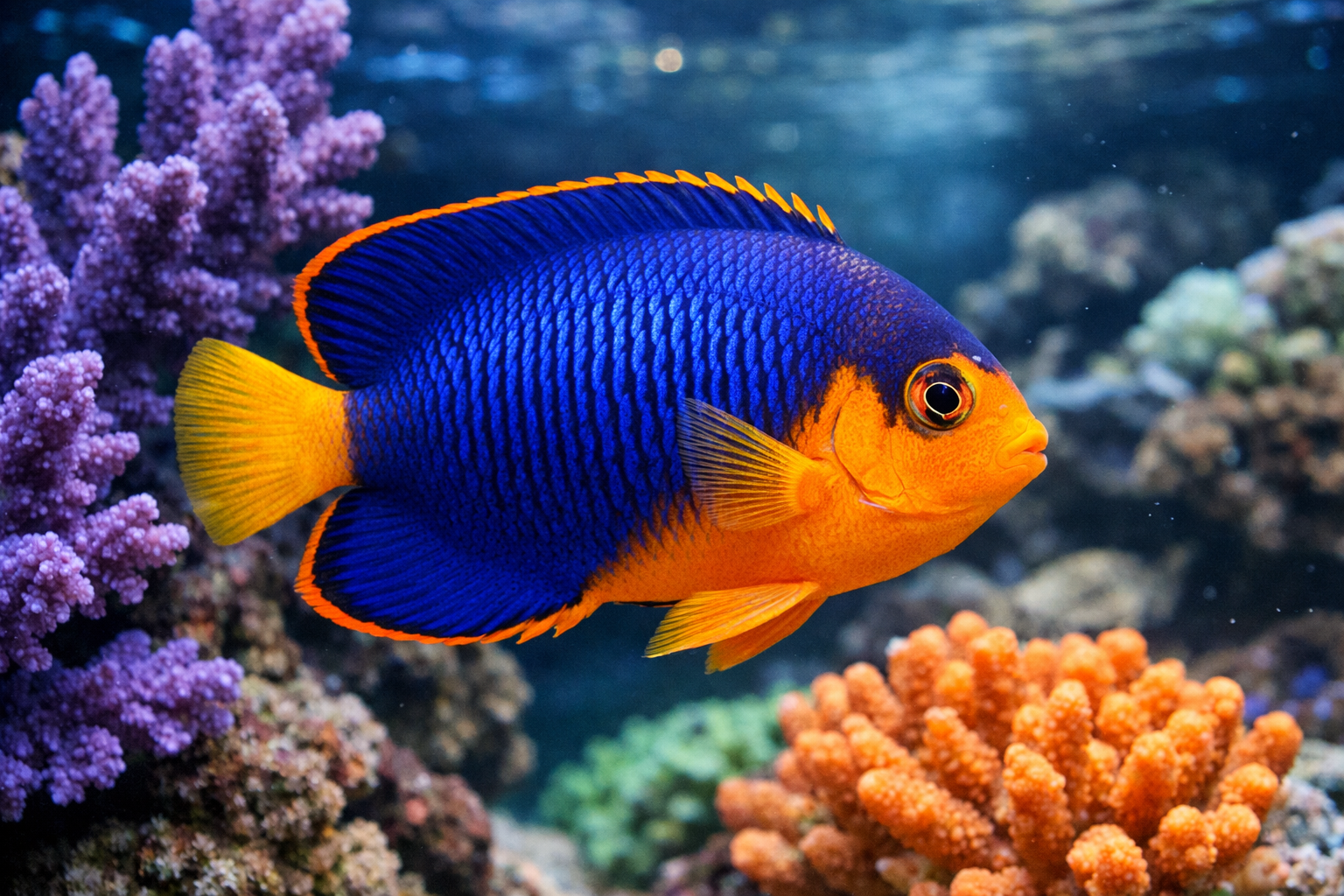 Detailed landscape format (1536x1024) image showing close-up of Cherub Angelfish in natural reef habitat, displaying vibrant blue body with 