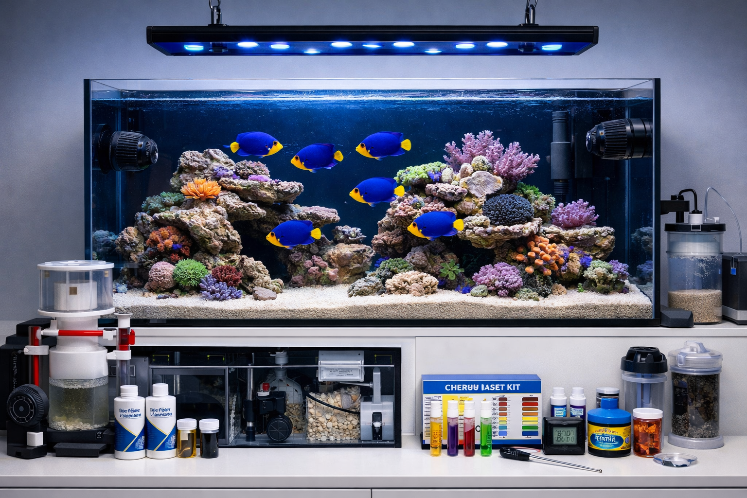 Landscape format (1536x1024) image of well-maintained marine aquarium setup specifically designed for Cherub Angelfish, showing proper tank 