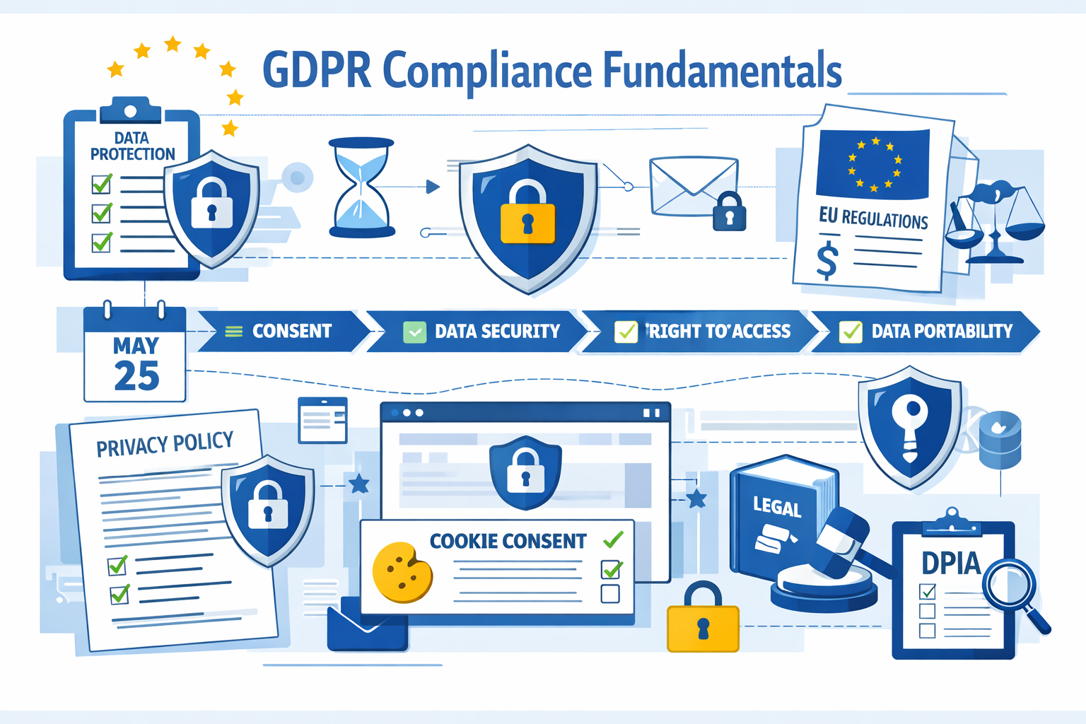 Landscape format (1536x1024) illustration showing GDPR compliance fundamentals with visual elements including shield icons, checkboxes, EU r - Website DSGVO konform machen 3 Landscape format (1536x1024) illustration showing GDPR compliance fundamentals with visual elements including shield icons, checkboxes, EU r