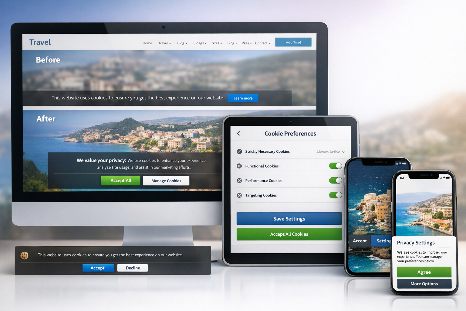Detailed landscape format (1536x1024) image displaying cookie consent banner examples on various device screens (desktop, tablet, mobile) wi - Website DSGVO konform machen 12 Detailed landscape format (1536x1024) image displaying cookie consent banner examples on various device screens (desktop, tablet, mobile) wi