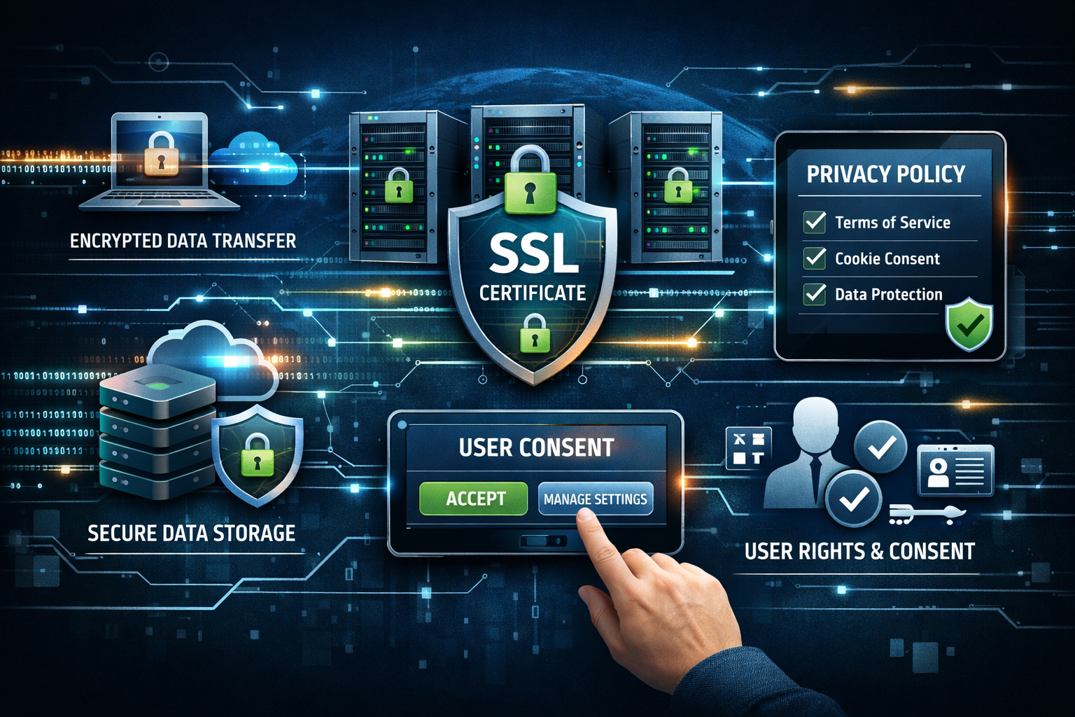 Professional landscape format (1536x1024) visualization of data protection measures including encrypted data flows, secure server icons, SSL - Website DSGVO konform machen 23 Professional landscape format (1536x1024) visualization of data protection measures including encrypted data flows, secure server icons, SSL