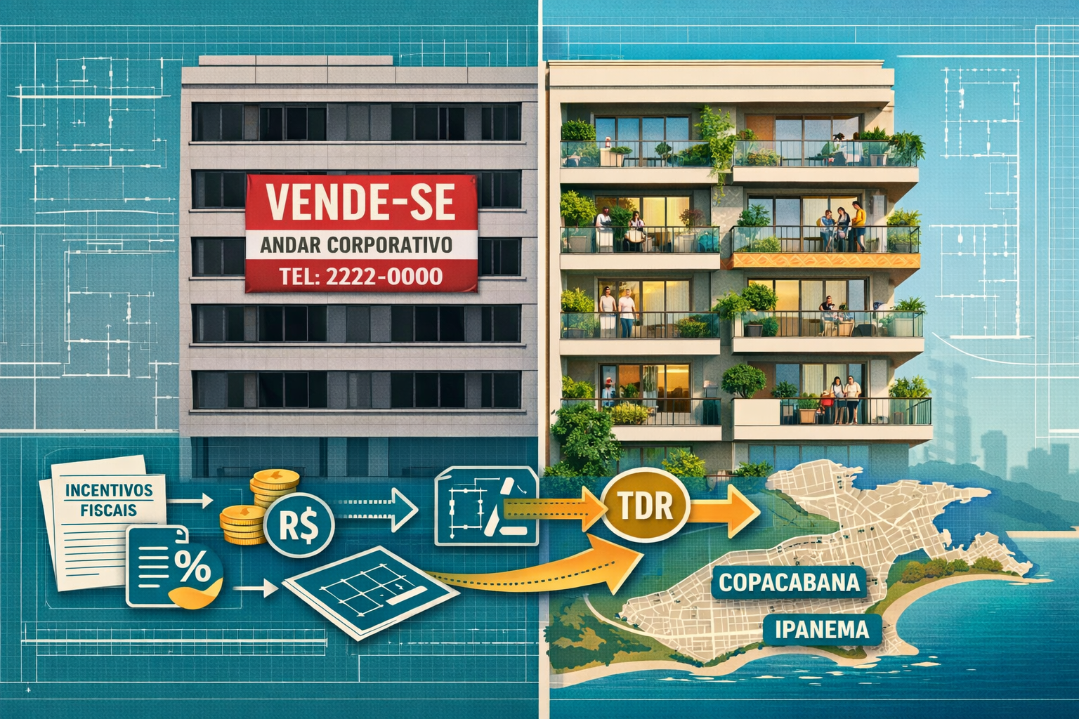 Detailed () image showing split-screen comparison of commercial-to-residential conversion process in Rio's CBD. Left side