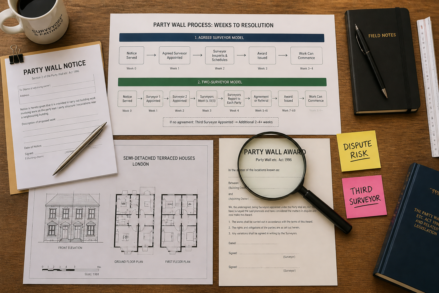 Aerial top-down view () of a surveyor's desk with party wall notice documents, a timeline flowchart showing