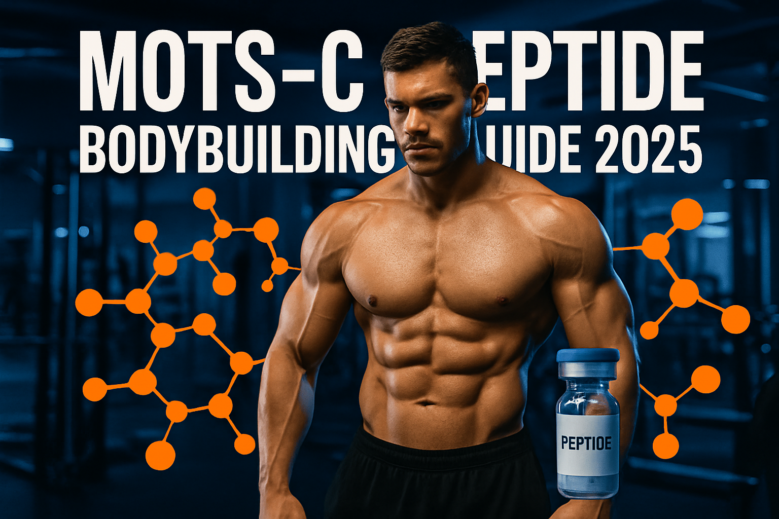 Professional landscape hero image (1536x1024) featuring bold text overlay 'MOTS-C Peptide Bodybuilding Guide 2025' in extra large 72pt white