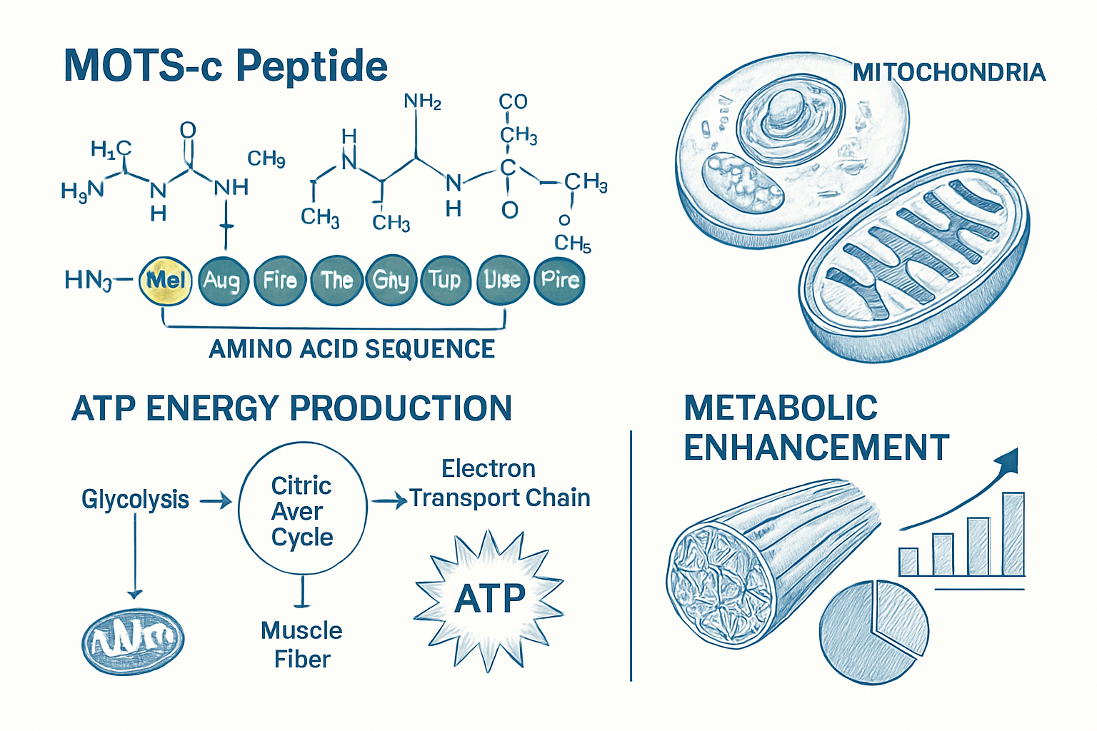 Detailed scientific illustration (1536x1024) showing MOTS-C peptide molecular structure with amino acid sequence highlighted, mitochondria c