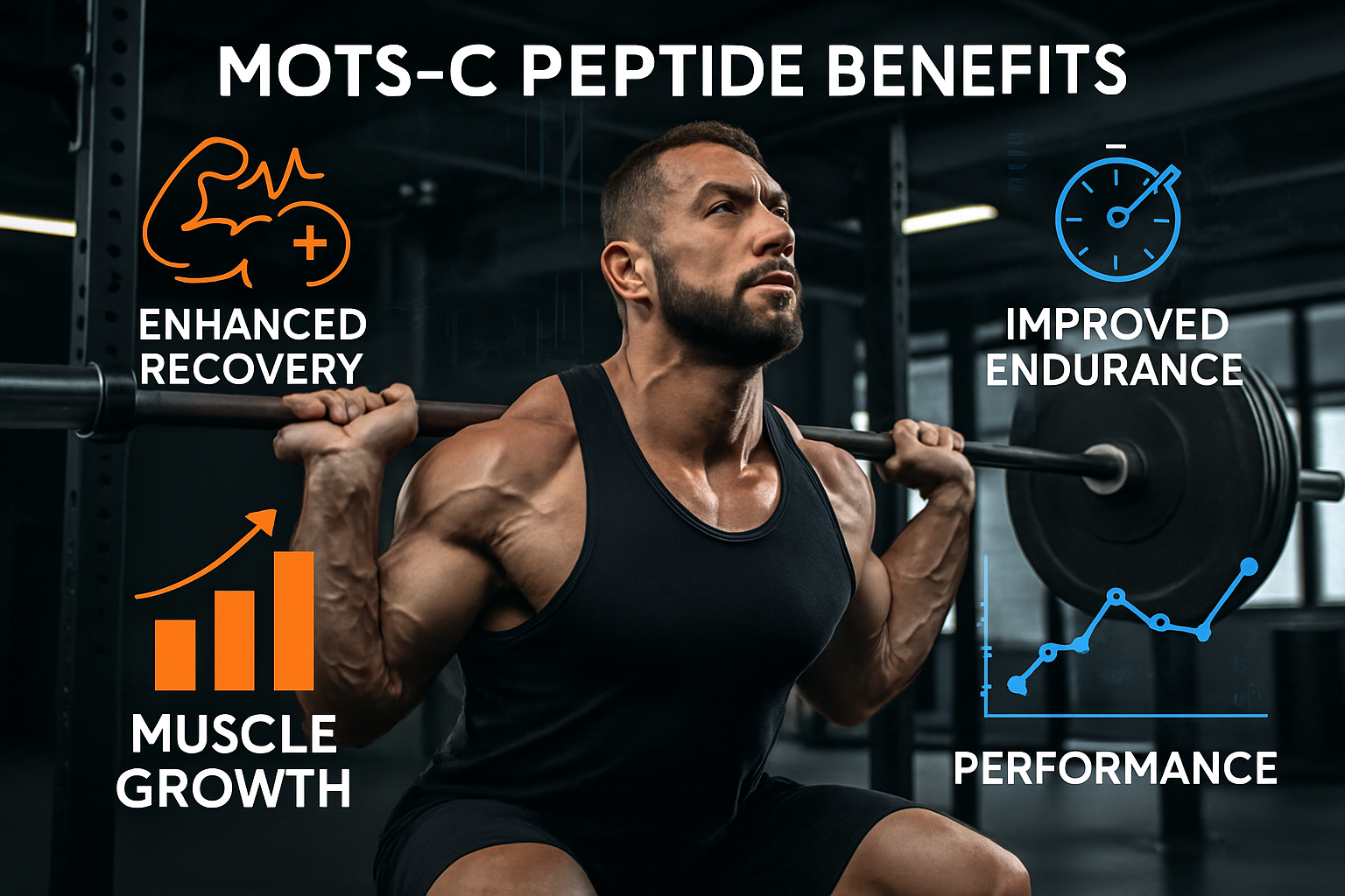 Dynamic gym scene (1536x1024) featuring athletic bodybuilder performing compound exercises with MOTS-C peptide benefits overlay graphics sho