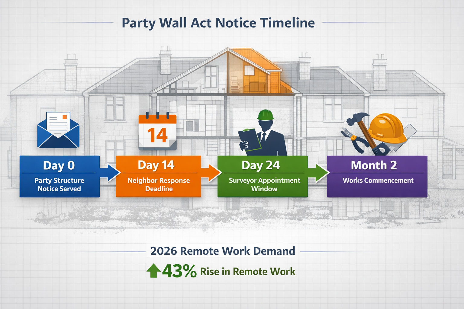 () detailed infographic showing Party Wall Act notice timeline flowchart with color-coded stages: Day 0 'Party Structure