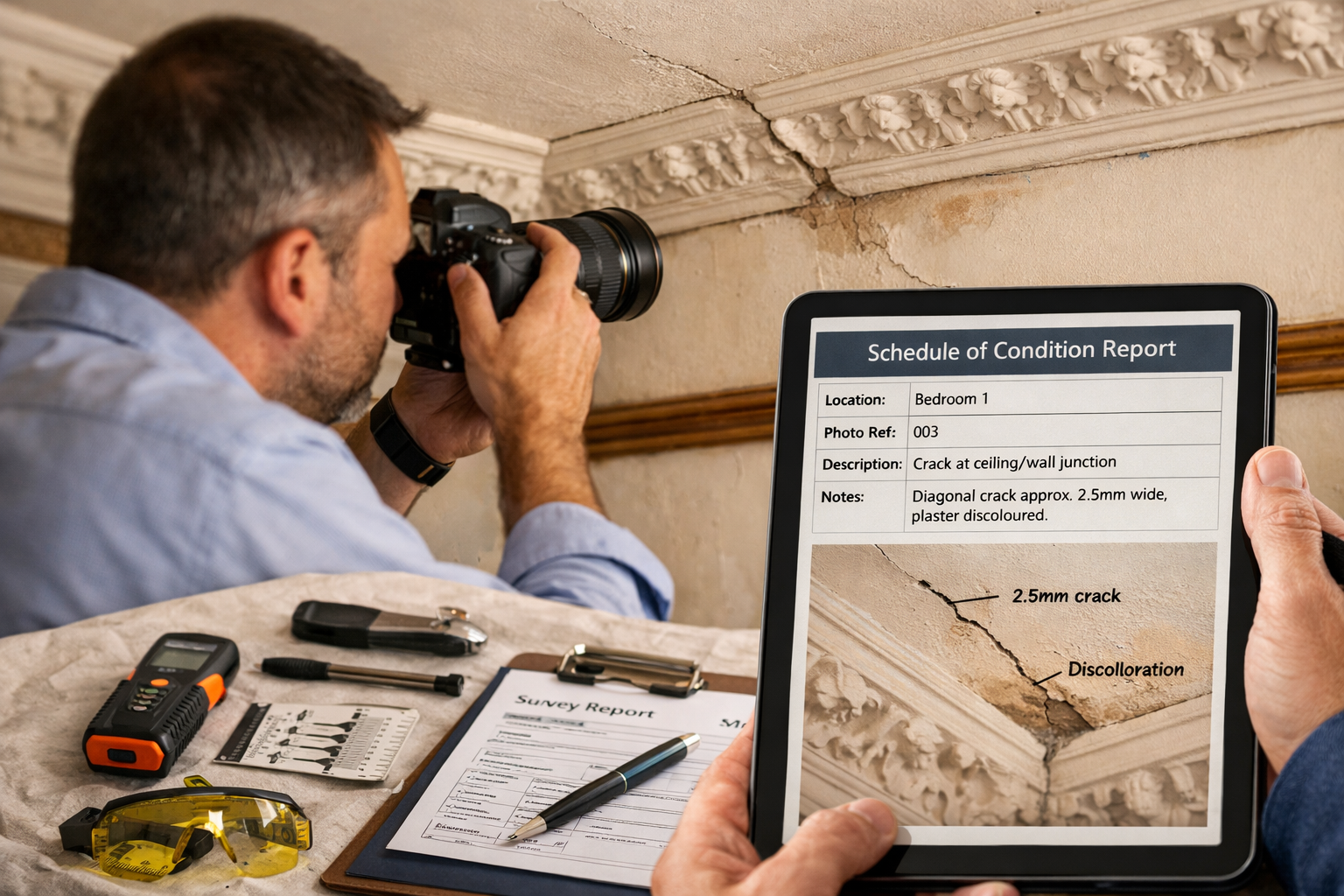 () close-up photograph of professional party wall surveyor conducting Schedule of Condition inspection in adjoining