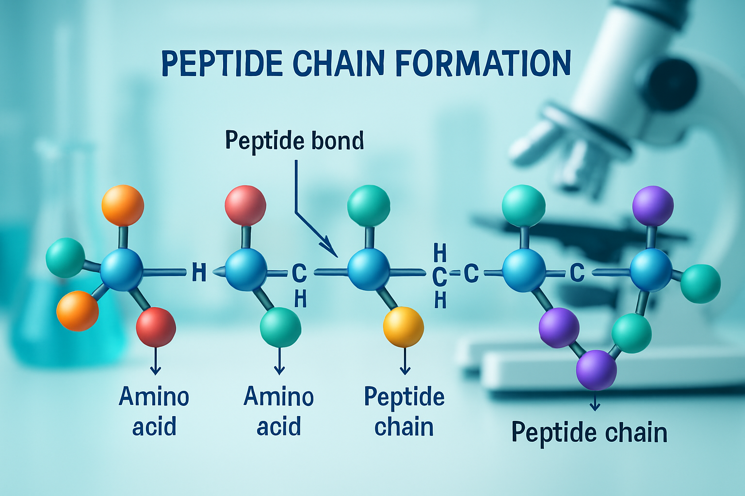 Detailed scientific illustration showing peptide chain formation with individual amino acids connecting via peptide bonds, colorful molecula
