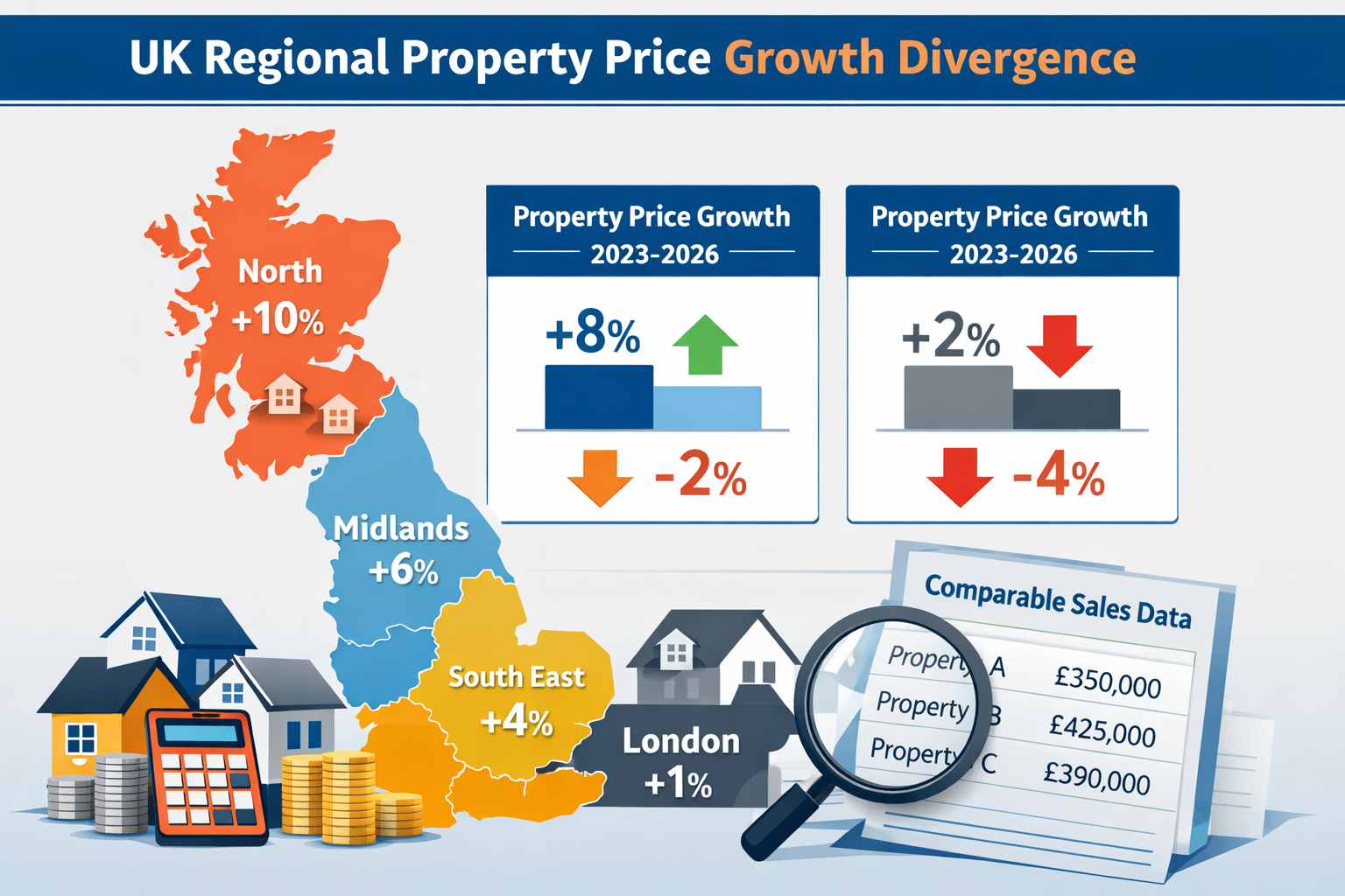 Landscape format (1536x1024) detailed infographic showing UK regional property price growth divergence map with color-coded heat zones repre