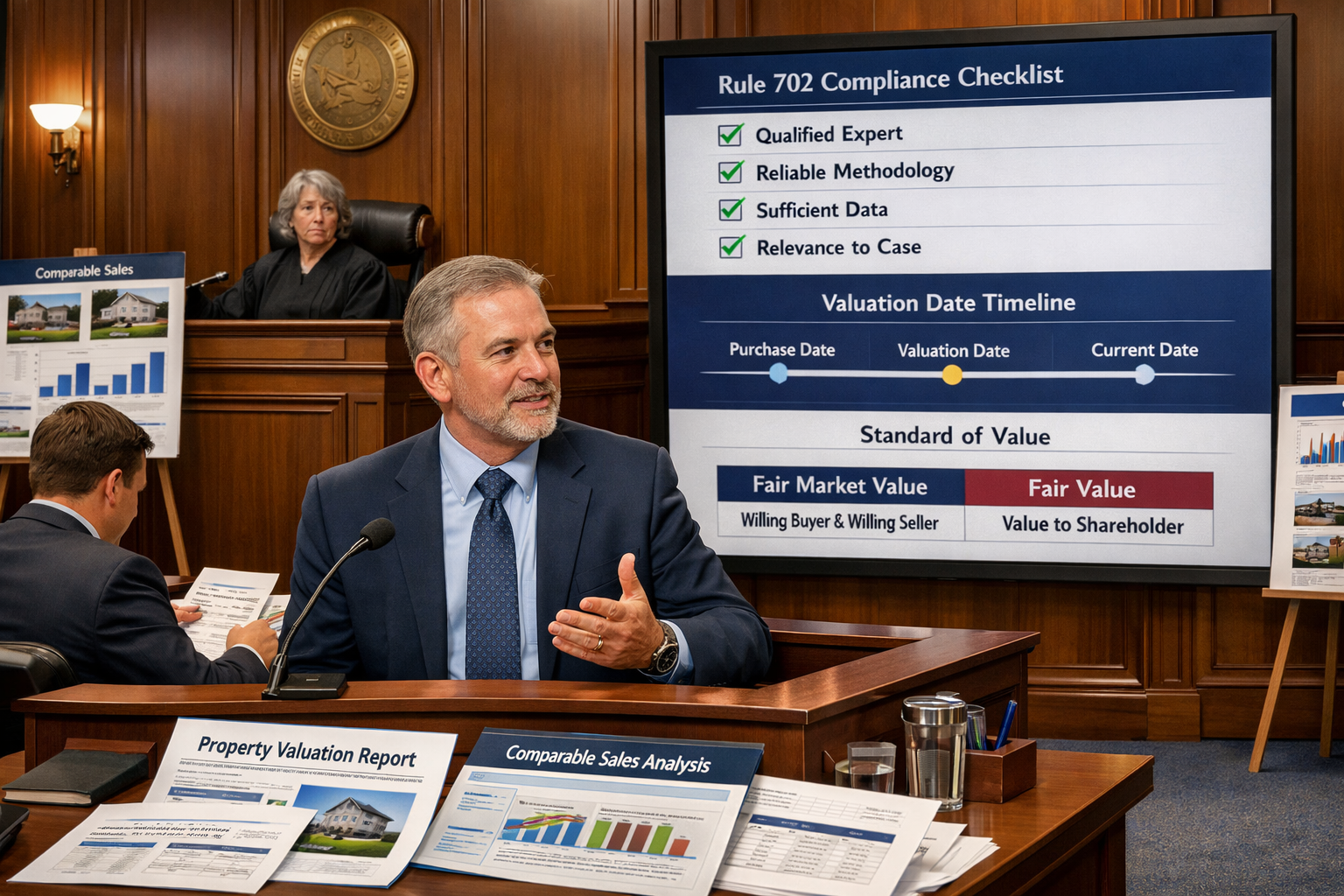 Landscape format (1536x1024) professional courtroom scene illustration showing expert witness testifying with visual aids including property