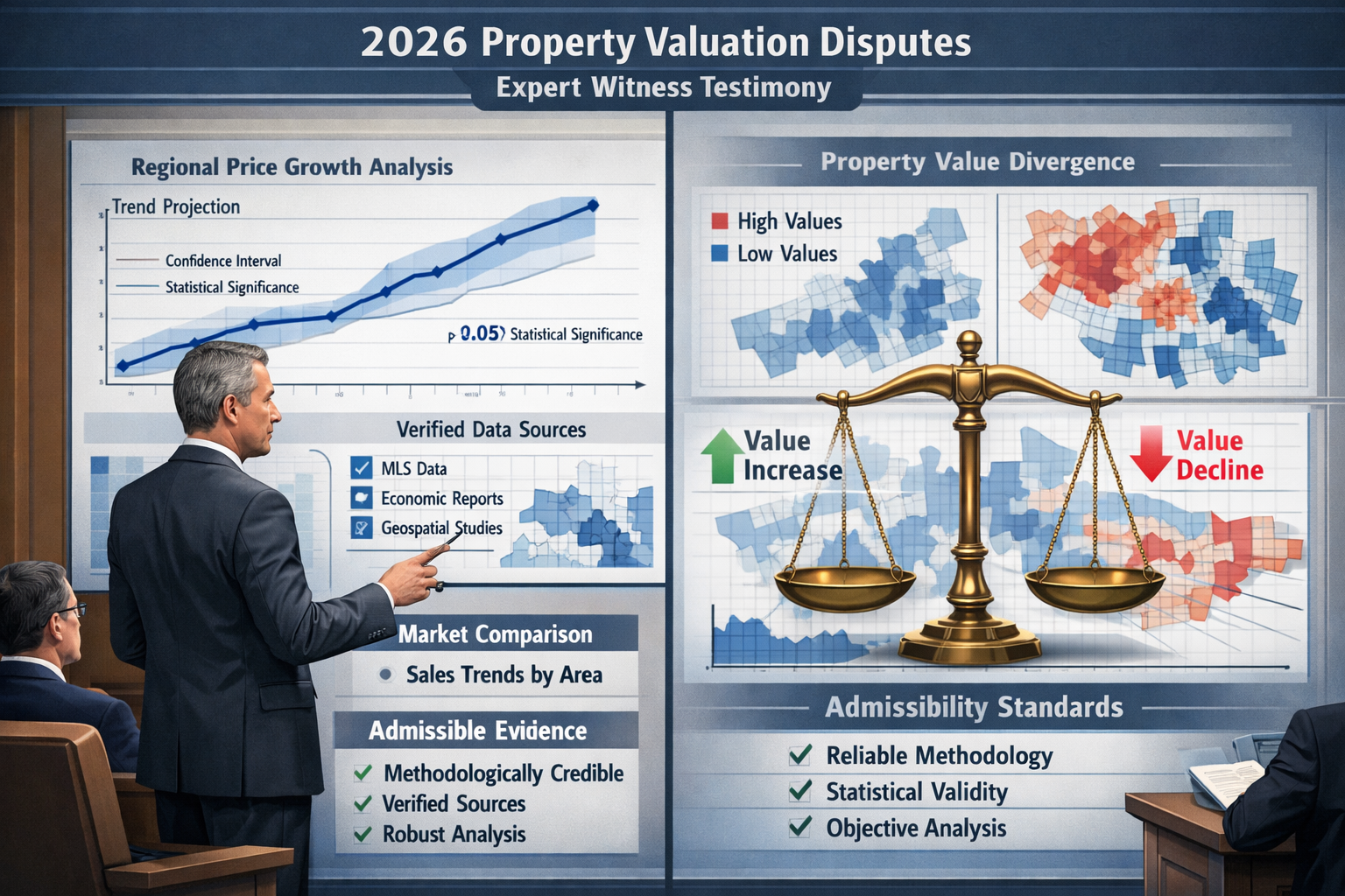 A split-screen legal courtroom visualization representing Expert Witness Testimony standards for 2026 property valuation disputes. Left side