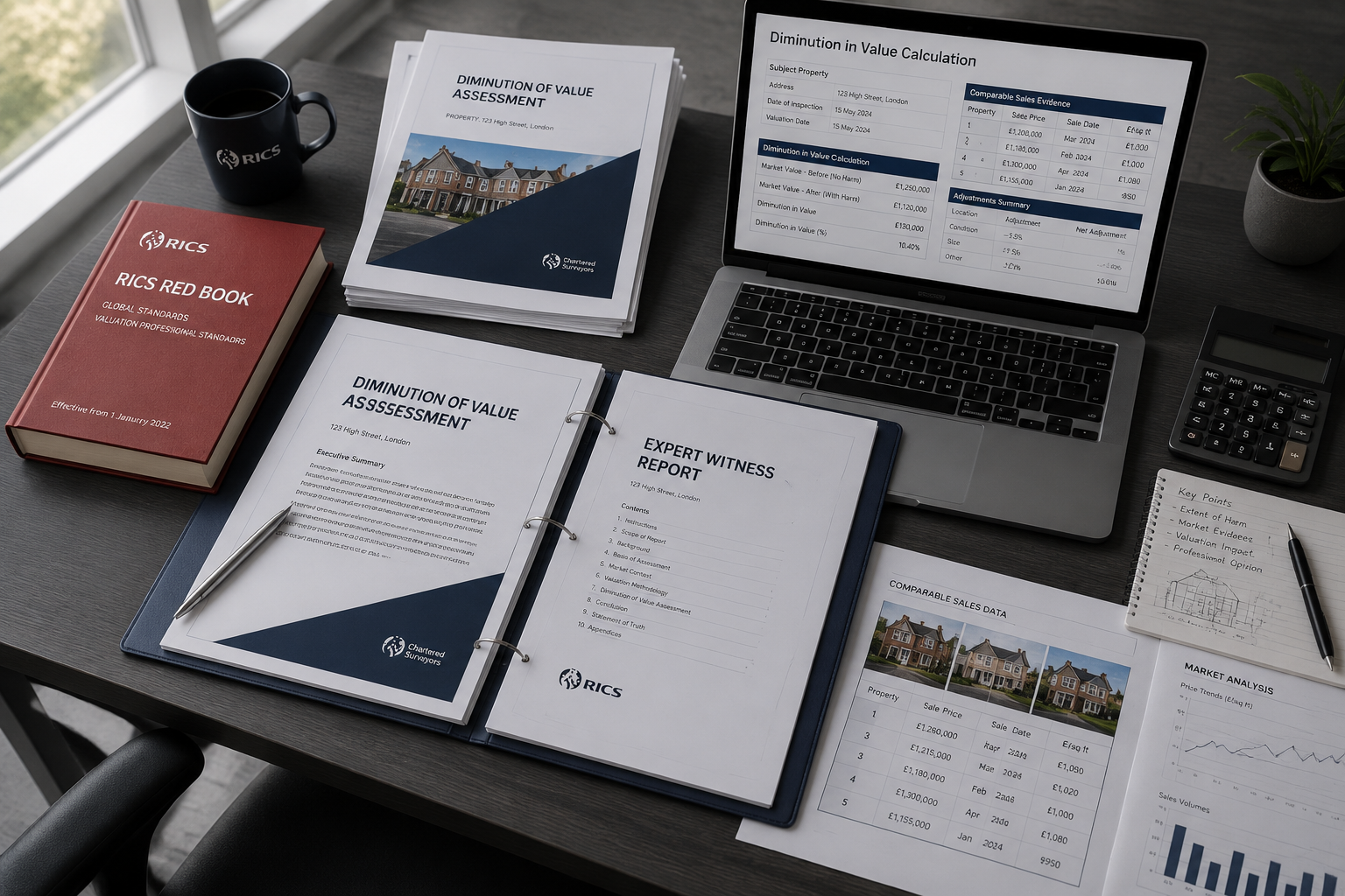 Wide-angle () showing a professional surveyor at a desk covered with property valuation reports, RICS Red Book guidelines,