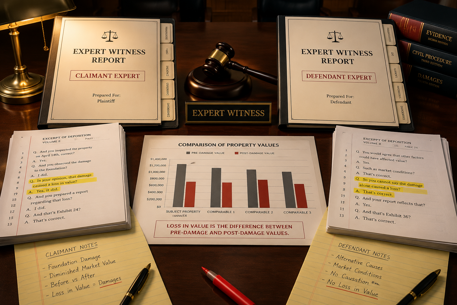 () courtroom-style scene showing two expert witness reports side by side on a legal table, one marked 'Claimant Expert' and