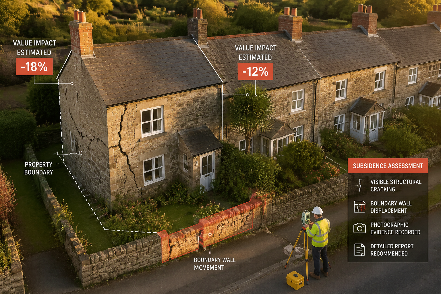 () aerial drone-style view of a row of traditional Cornish stone cottages showing visible subsidence cracking and boundary