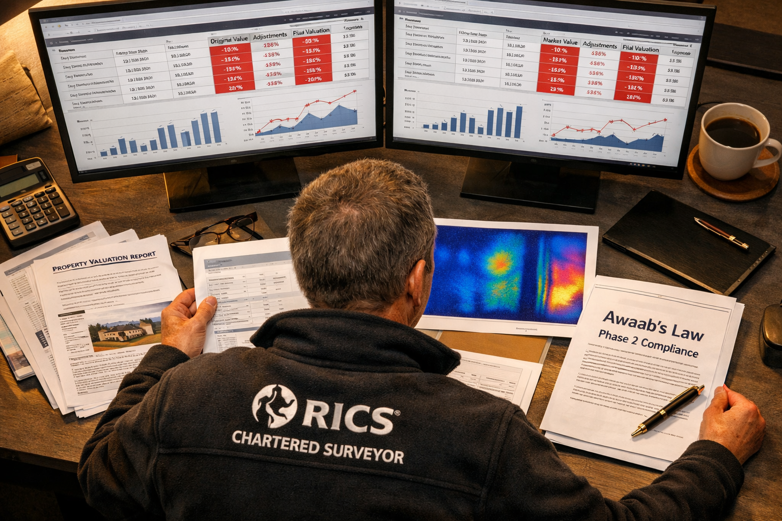 () showing a RICS chartered surveyor at a desk with dual monitors displaying a property valuation spreadsheet with downward