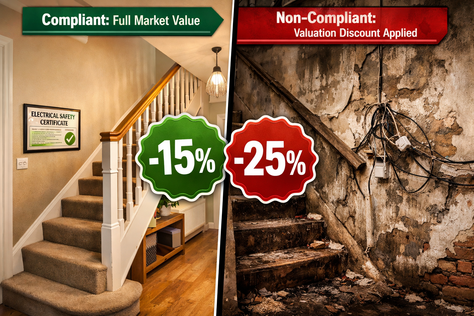 () depicting a split-scene comparison: left side shows a well-maintained PRS property interior with modern heating, safe
