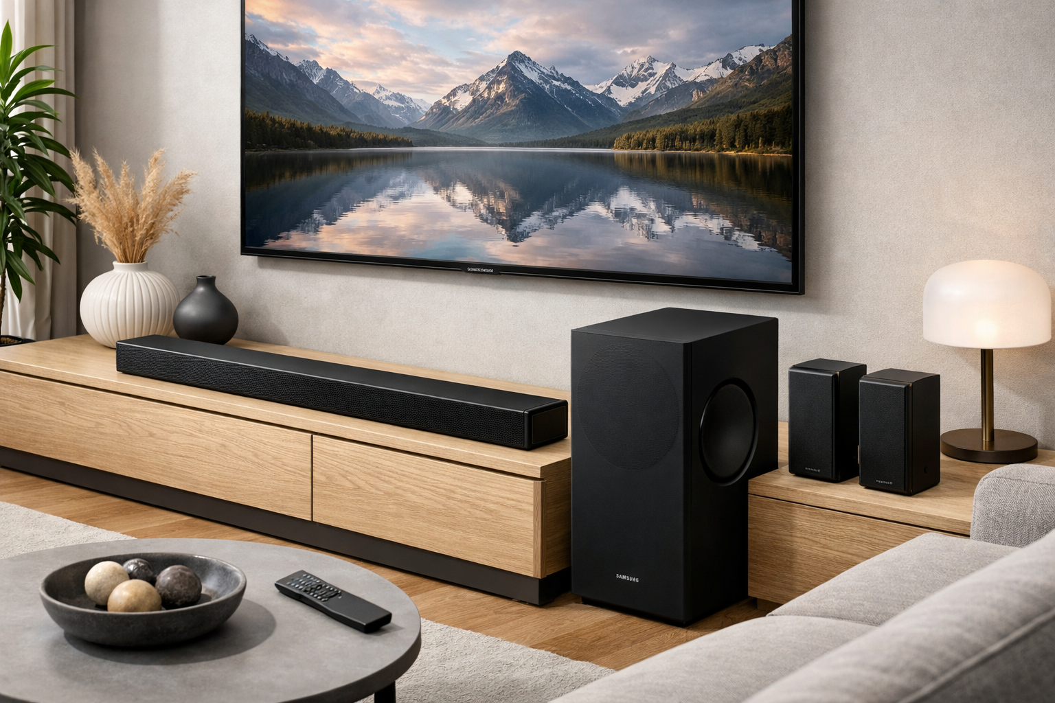 Samsung HW Q990F professional product photography of Samsung HW-Q990F soundbar system with subwoofer and rear speakers in modern living room setup