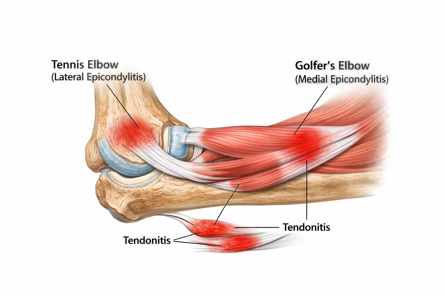 Detailed anatomical illustration in () showing cross-section view of elbow joint with highlighted tendons and muscles,