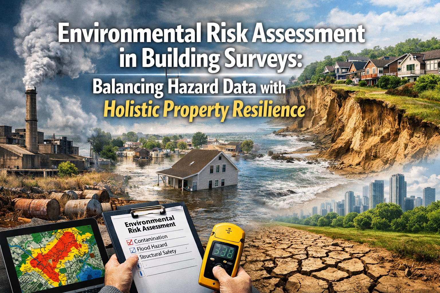 Professional landscape hero image () with : "Environmental Risk Assessment in Building Surveys: Balancing Hazard Data with
