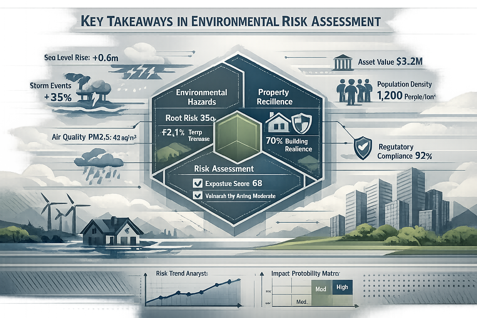 Infographic-style landscape visualization representing 'Key Takeaways' in Environmental Risk Assessment, featuring a central