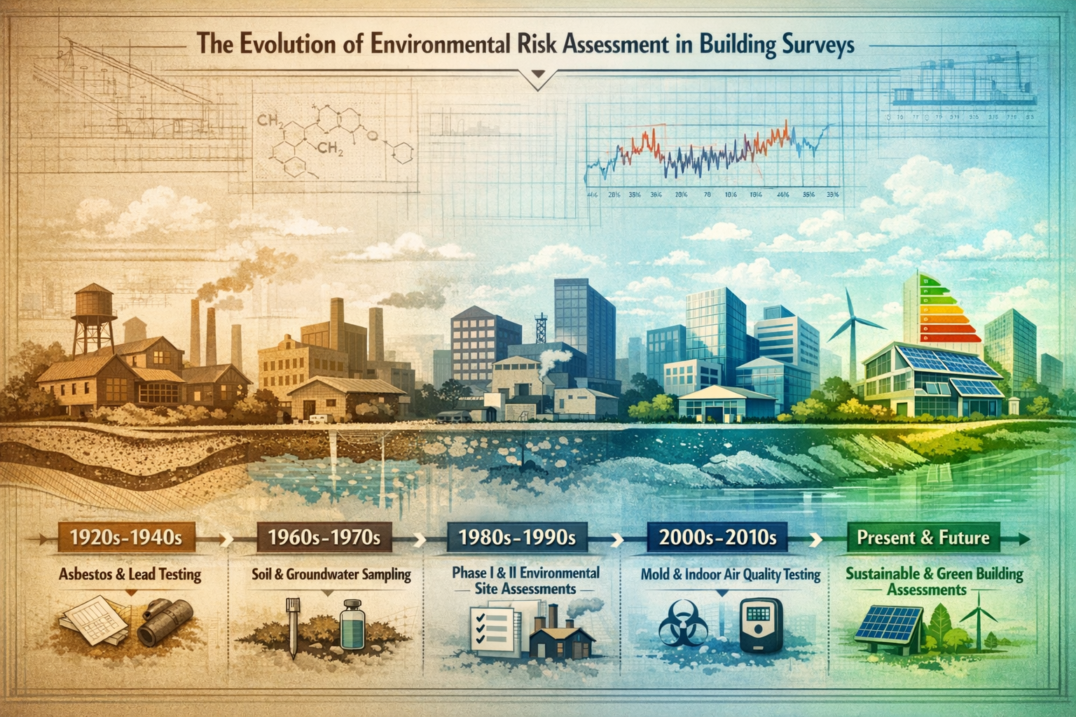 Historical timeline illustration depicting 'The Evolution of Environmental Risk Assessment in Building Surveys', showcasing