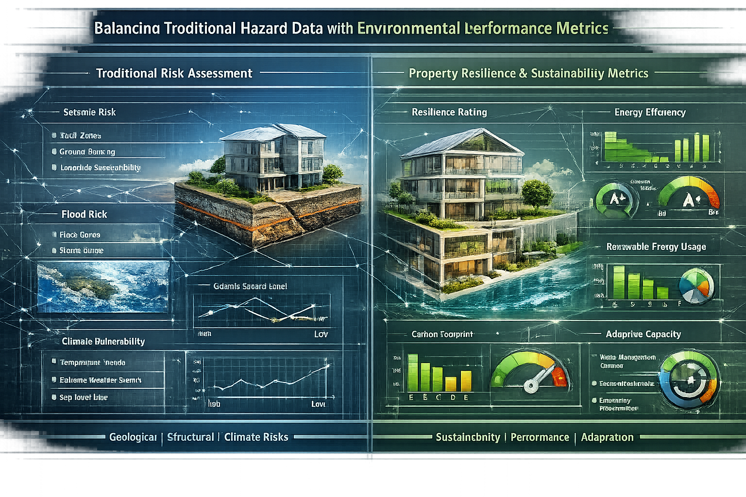 Technical data visualization exploring 'Balancing Traditional Hazard Data with Environmental Performance Metrics',