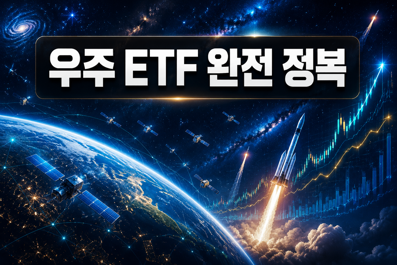 Professional () hero image featuring Korean '우주 ETF 완전 정복' in extra large white with deep effect, centered in upper third.