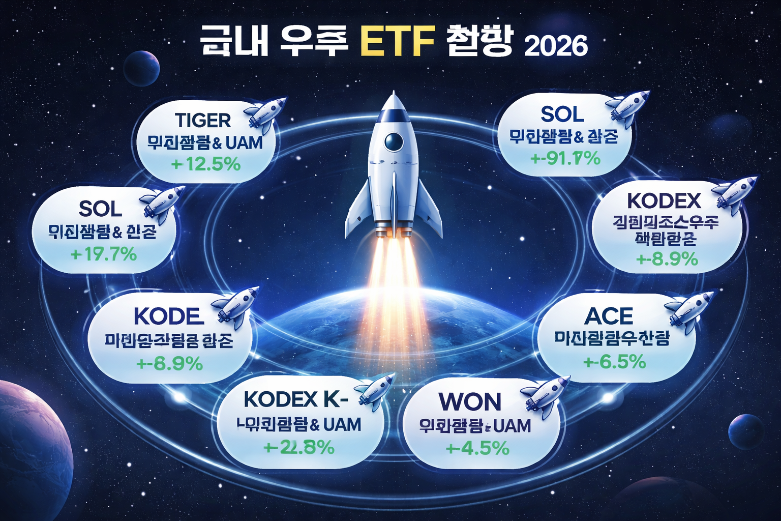 () infographic-style illustration showing 9 Korean space ETF product logos arranged in a circular orbit pattern around a