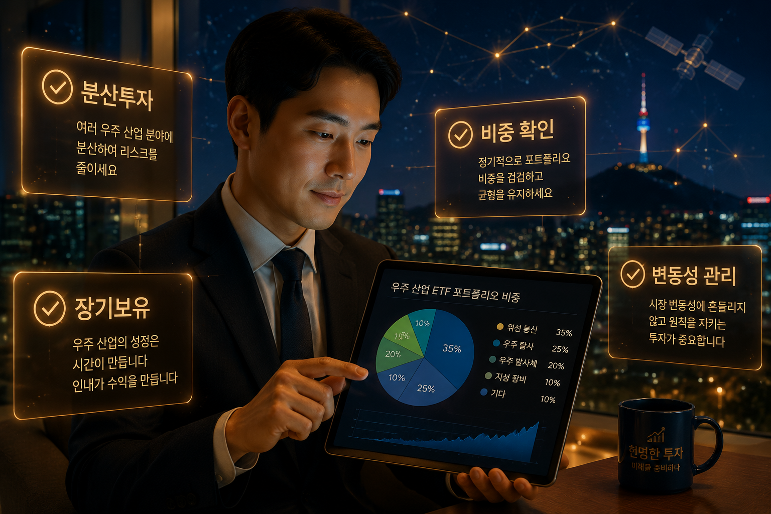 () strategic investment checklist visual: a Korean investor in business attire reviewing a tablet showing space ETF