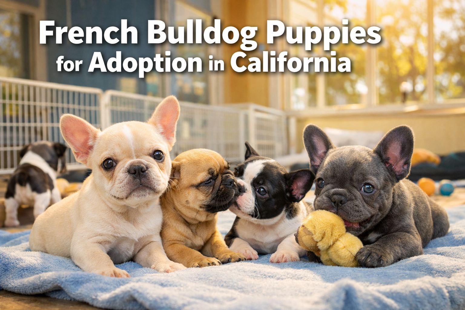 Professional landscape format (1536x1024) hero image featuring adorable French Bulldog puppies in a California shelter setting with bold tex