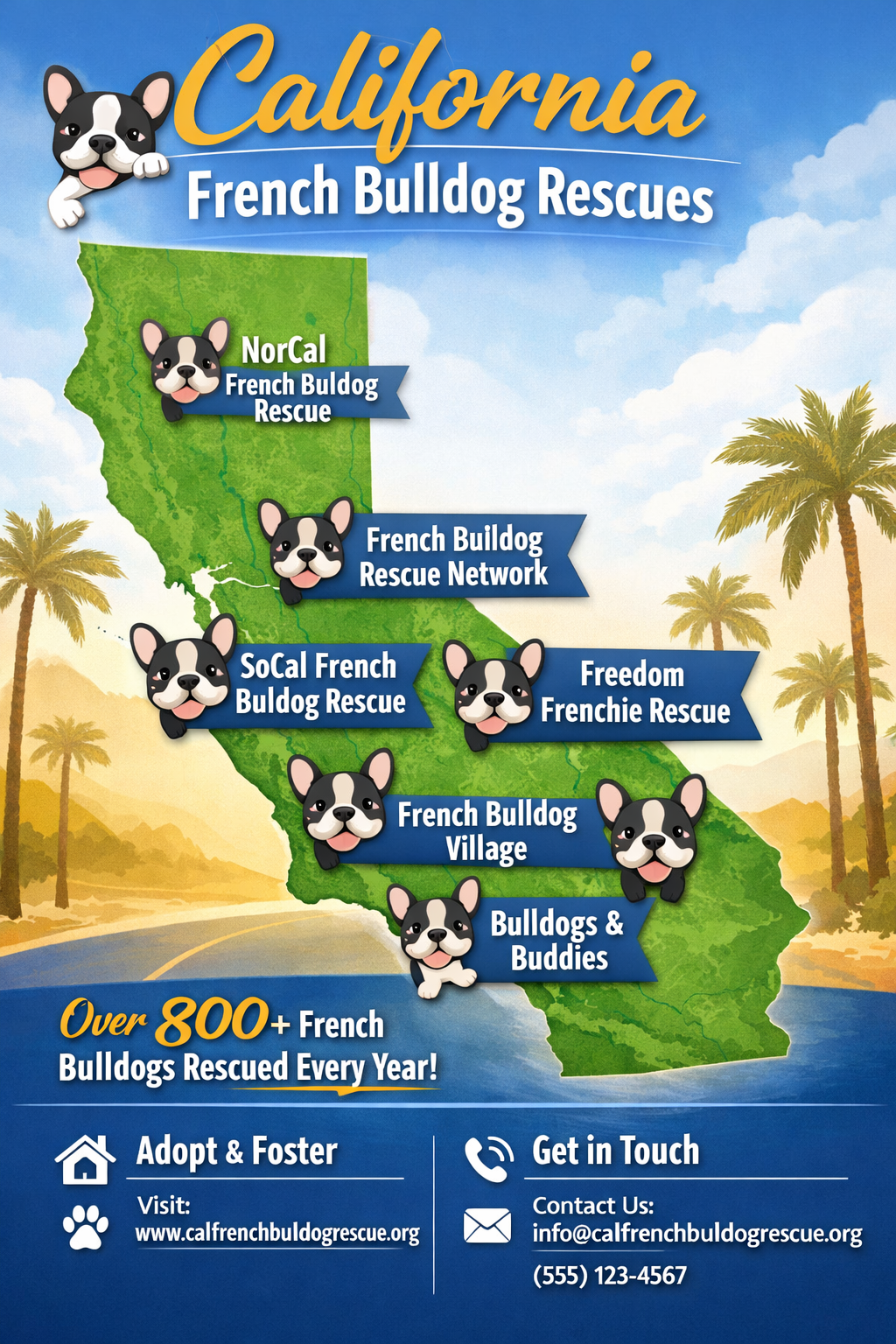 Portrait format (1024x1536) infographic showing California map with adoption center locations marked, featuring cute French Bulldog puppy ic