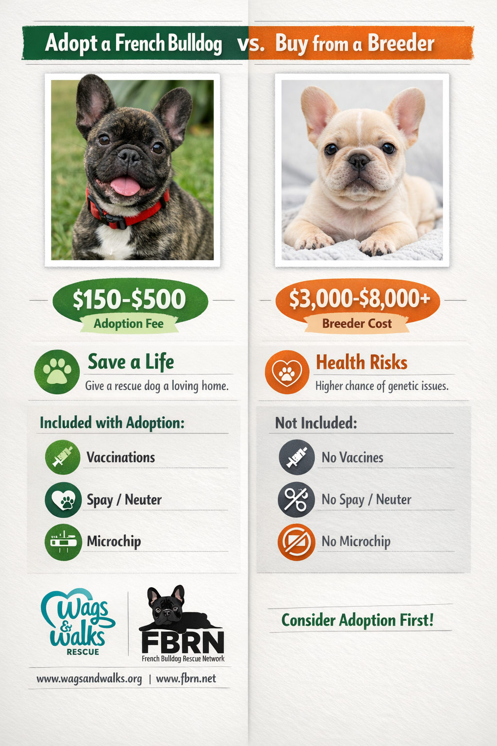 Portrait format (1024x1536) comparison chart showing adoption vs. buying French Bulldogs. Split design with rescue puppy on left, breeder pu