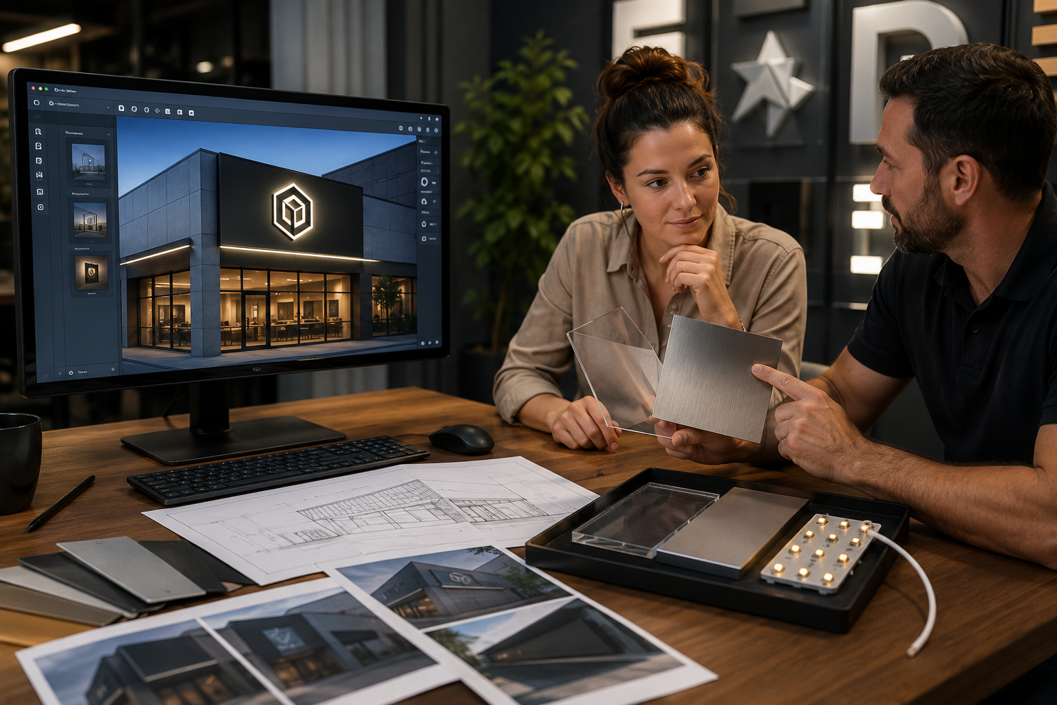 Editorial image showing Signage.com's Design Studio interface previewing an AI-assisted sign mockup on a building facade, while a business owner and a signage advisor review physical acrylic, metal, and LED samples alongside site photos.