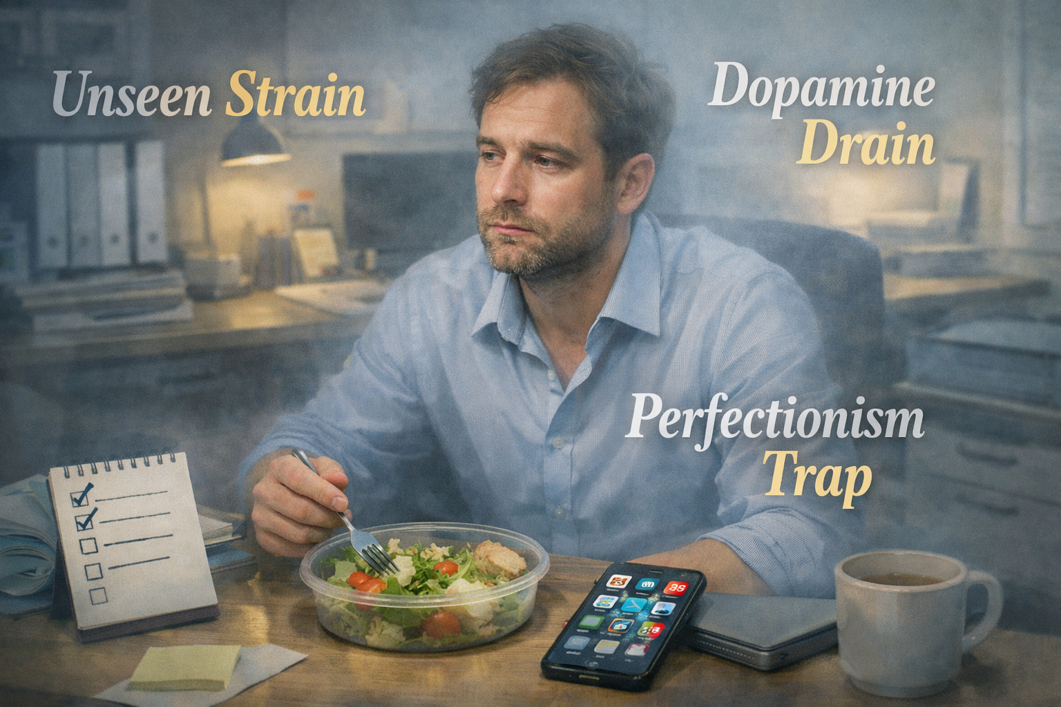 The Shocking Signs of Procrastination Burnout and How to Stop Them 2 Landscape format (1536x1024) editorial image illustrating the subtle signs of quiet burnout in high-achievers. The image shows a person (rep