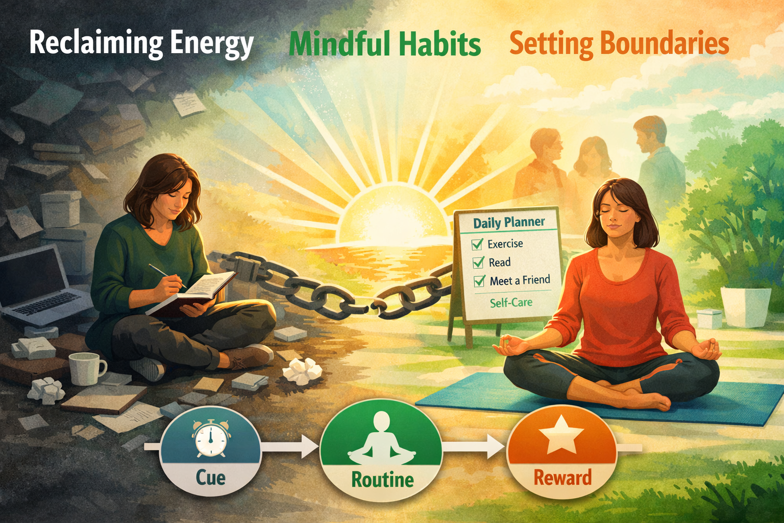 The Shocking Signs of Procrastination Burnout and How to Stop Them 3 Landscape format (1536x1024) editorial image depicting actionable strategies for breaking the cycles of quiet burnout and fostering recovery