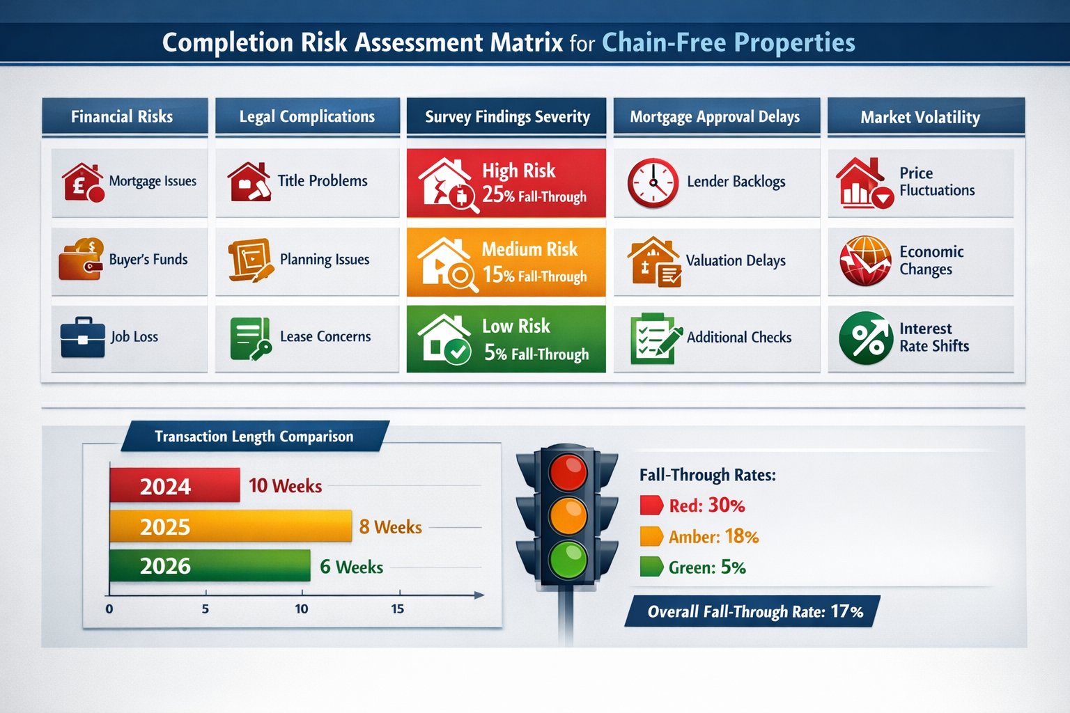 Comprehensive () infographic-style image displaying completion risk assessment matrix for chain-free properties, featuring