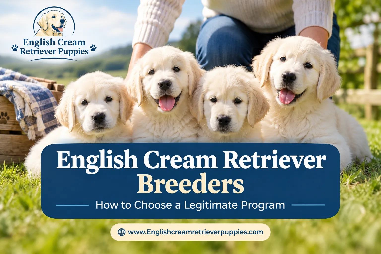 A reading "English Cream Retriever Breeders". CRITICAL TYPOGRAPHY RULES: render the text on 1–2 lines, centered, with